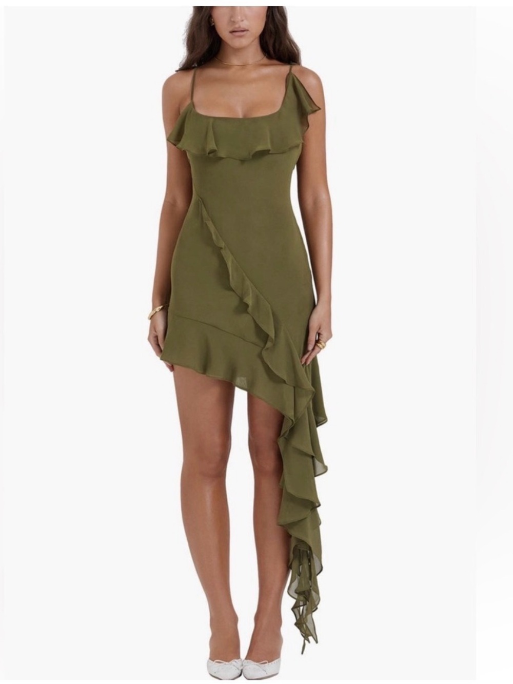 House of CB Olive Green Asymmetrical Ruffle Mini Dress